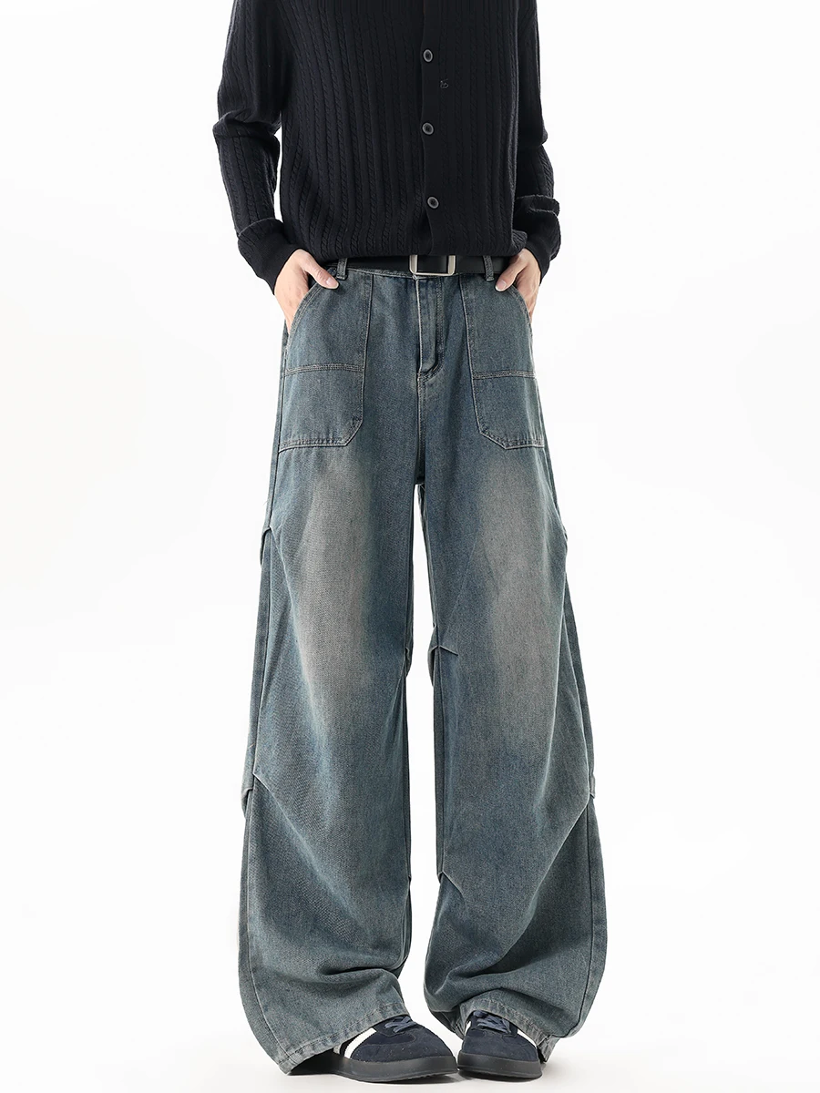 

Мужские джинсы в американском стиле с отворотами, весенне-осенние, свободные, прямые, повседневные, однотонные, ретро, с эффектом потертости