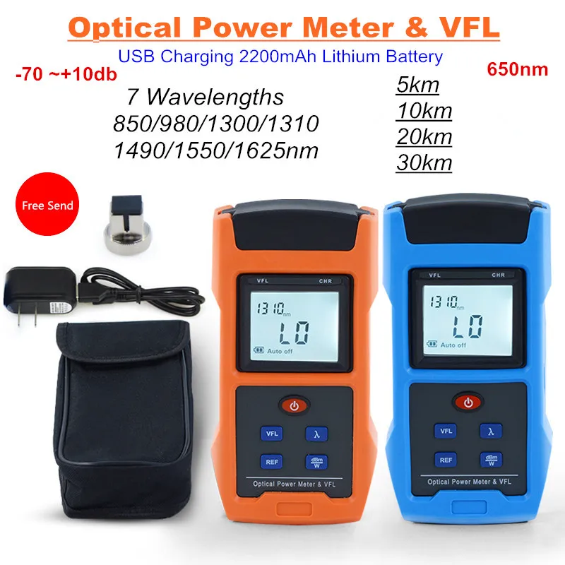 Free Shippin 2in1 Fuction Optical Power Meter -70 ~+10db With VFL USB Charging 2200mAh Lithium Battery 7 Wavelengths 10KM 20KM