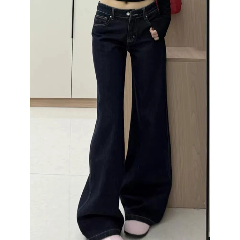 ZHIZOU レディース ローライズ フレア ジーンズ 原宿系 日本風 ヴィンテージ ギャル デニムパンツ アビ Y2K ベルボトム ハイストリート ダークブルー ジーンズ