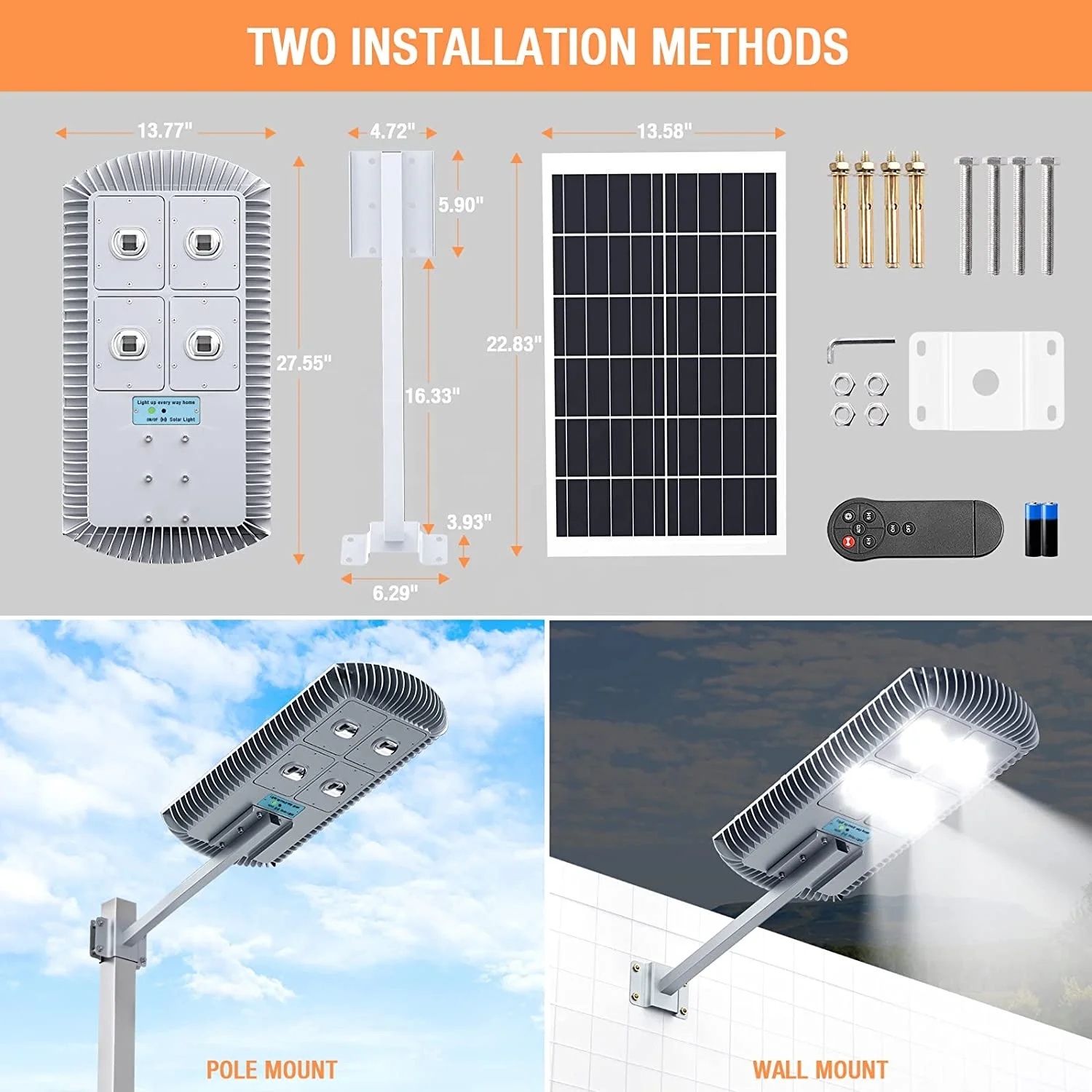 600W All in One Solar Street Light with PIR Motion Sensor Remote Control LED Solar Parking Lot Light IP65 Waterproof Pole Light