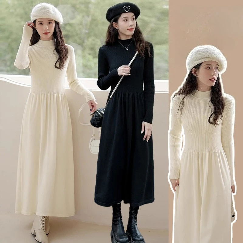 

Трикотажное платье с полувысоким воротником, осеннее и зимнее высококачественное текстурированное платье-свитер длиной до колена с базовым слоем.