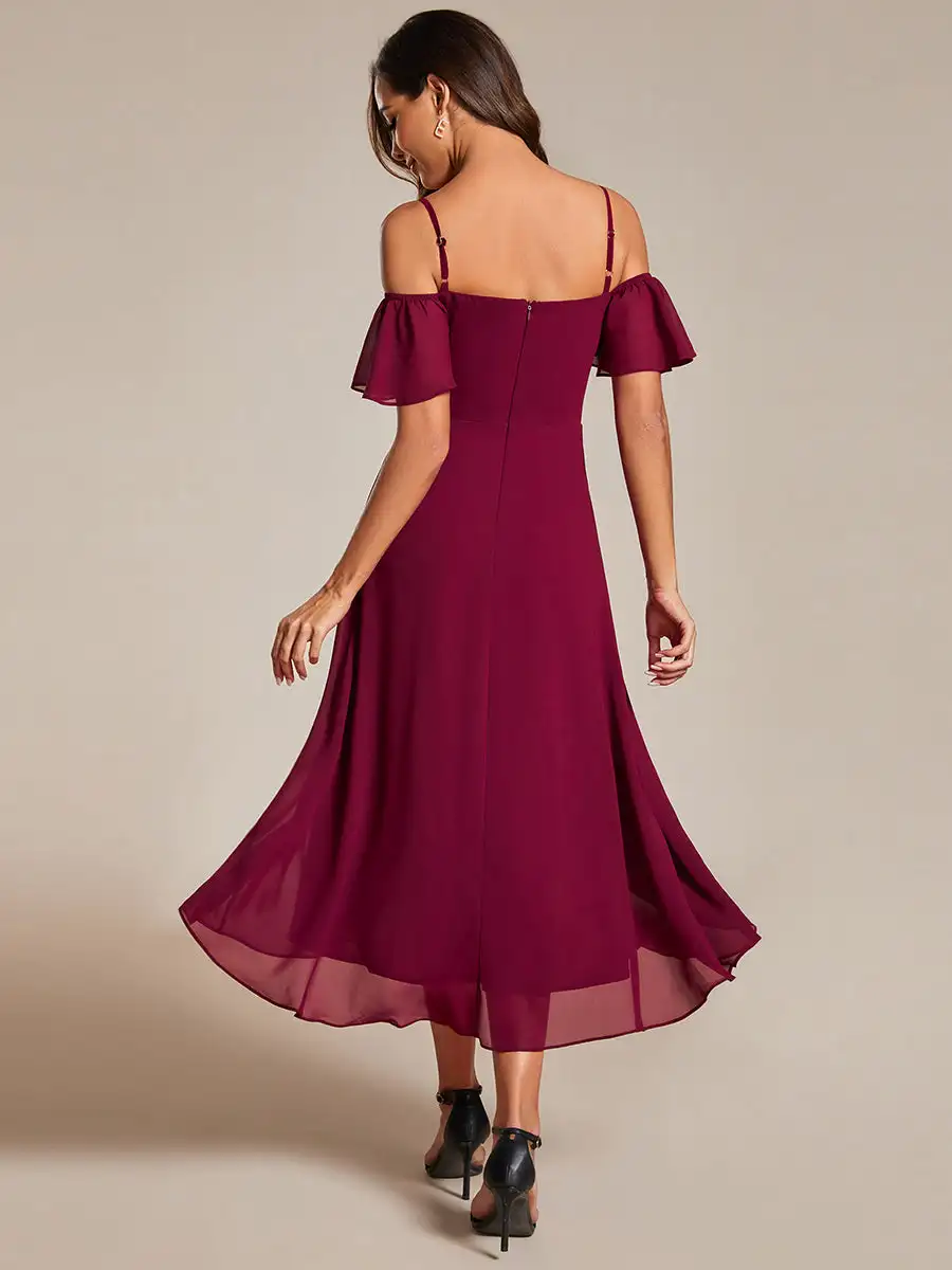 Elegant Evening Dresses Spaghetti Strap Cold Shoulder 2024 Ever pretty of Chiffon A-Line Burgundy Midi Wedding Guest Dress