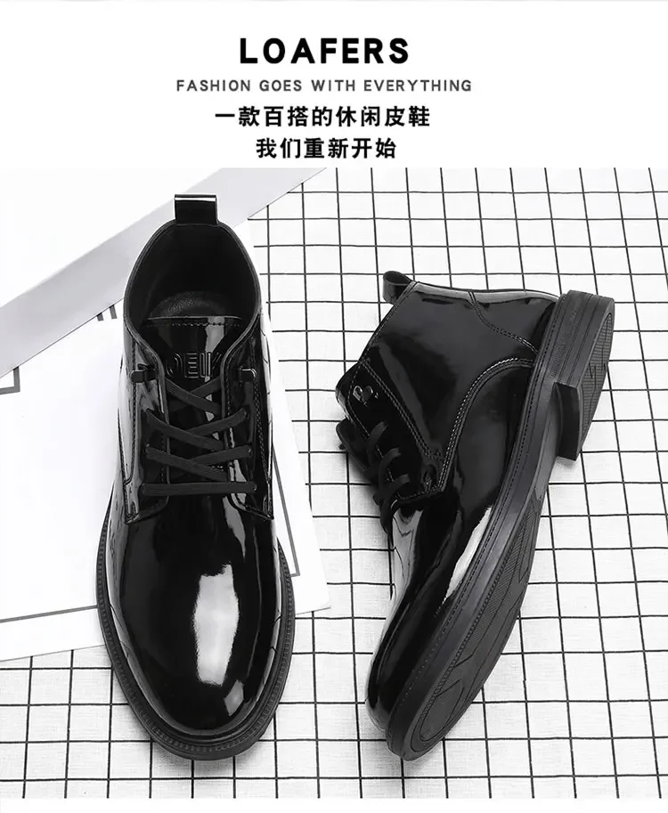 Glänzend schwarze Schnürstiefeletten für Herren, hohe Schafthöhe, dicke Sohle, modische, lässige Business-Herrenschuhe – Detail 2