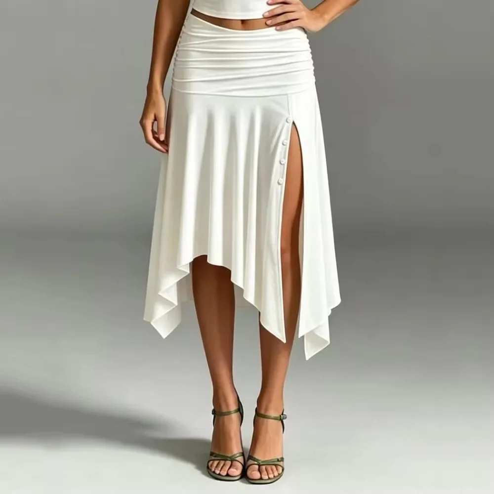Women Pleated High Waisted Midi Skirt Button Front Slit Irregular Hem Slim Fit Casual Soft Breathable Flattering Daily Comfy