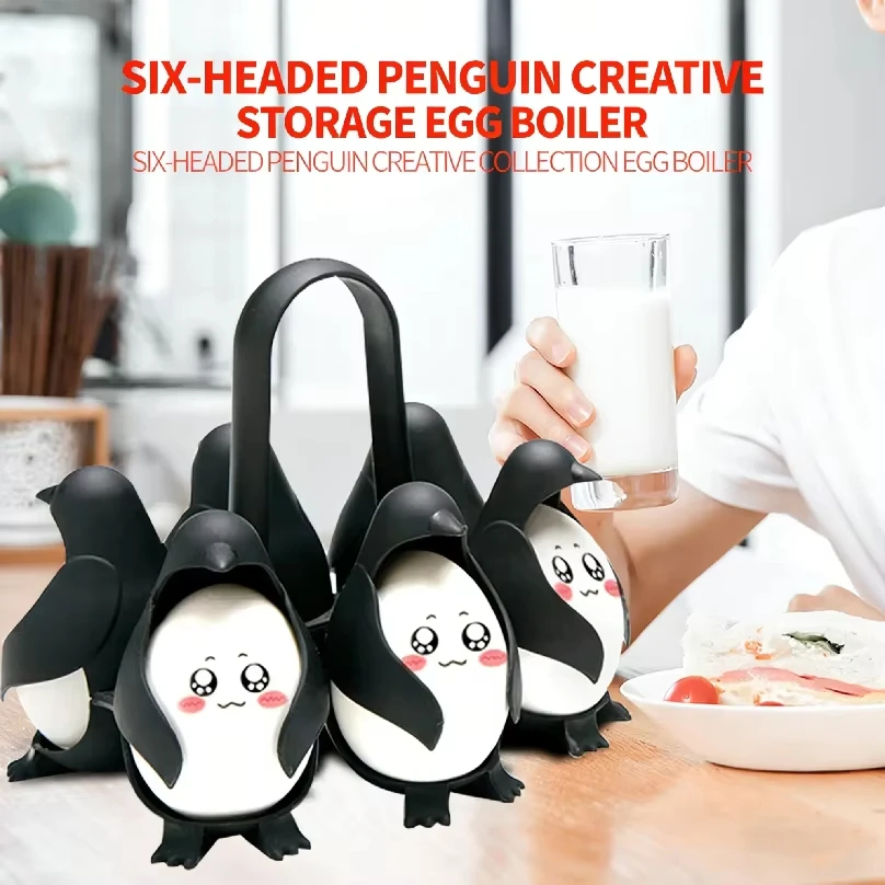Cocedor de Huevos con Diseño de Pingüino – Olla de 6 Compartimentos con Asa, Higiénico y Fácil de Usar, Divertido Gadget