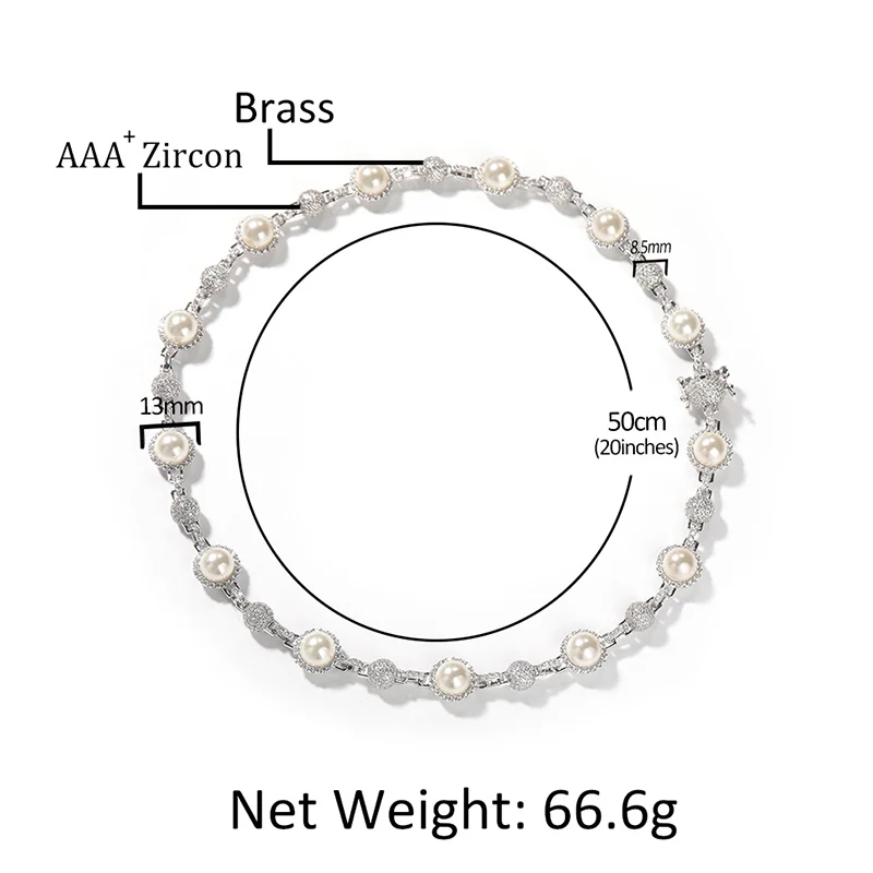 Hip Hop 3A+ CZ Stone Paved Bling Ice Out 13mm Pearl Beads Link Chain Necklace for Men Women Unisex Rapper Jewelry Gift