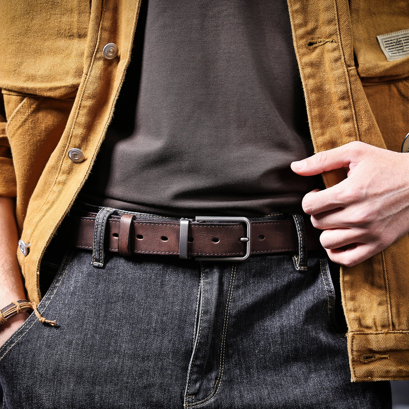 Echtleder-Herrengürtel aus Rindsleder, Italienisches Dickleder mit Geschenkbox, Retro Vielseitiger Herren-Jeansgürtel, Ideale Geschenkwahl – Detail 9