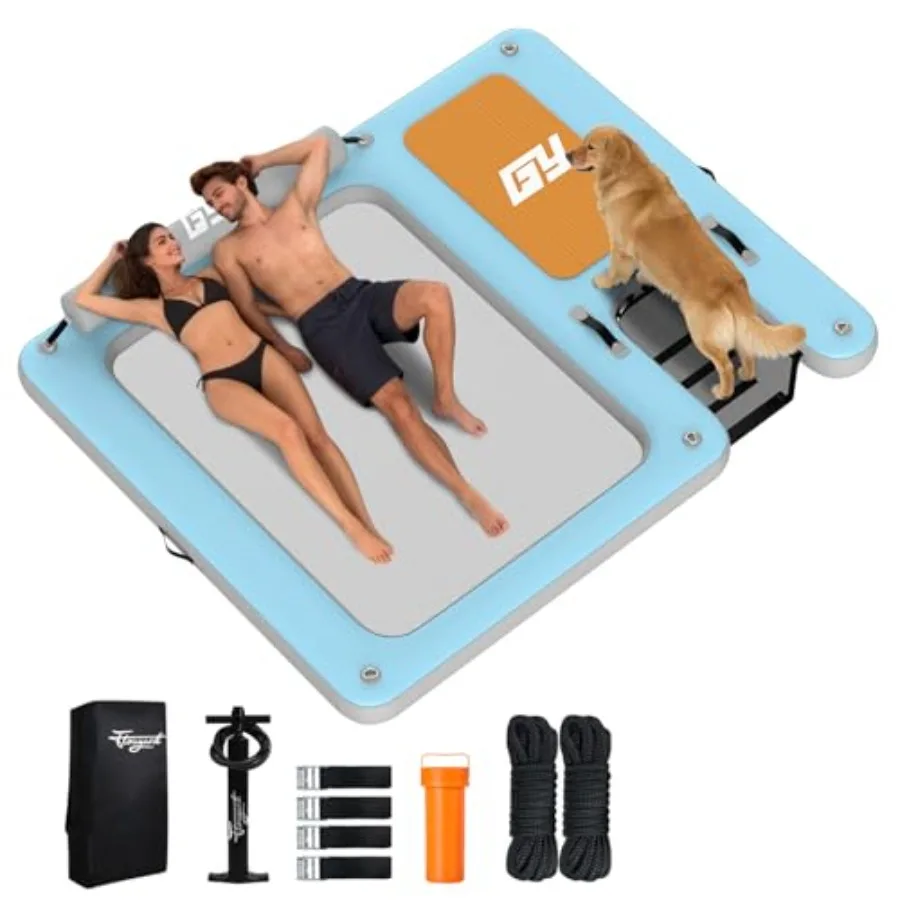 

Inflatable Dock Floating Platform for lake/pool parties, PVC material, gray and blue, 3-in-1 design with ramp, large mesh hammo