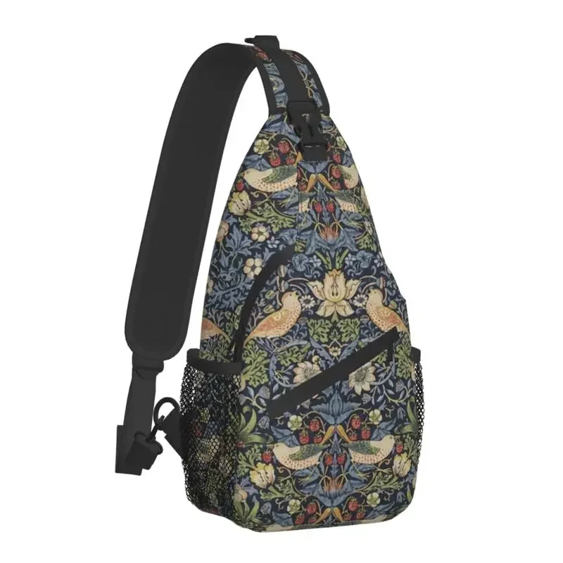 William Morris Strawberry Thief Pattern Crossbody Sling Backpack Vintage Textile Chest Shoulder Bag for Travel Hiking Chest Bag