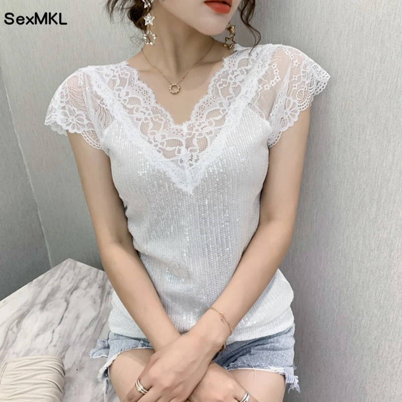 

Sexy Black Lace Summer Blouses Women 2024 Korean Fashion Clothing Casual White Blusa Feminina Sequined Hollow Ladies Tops Y2k