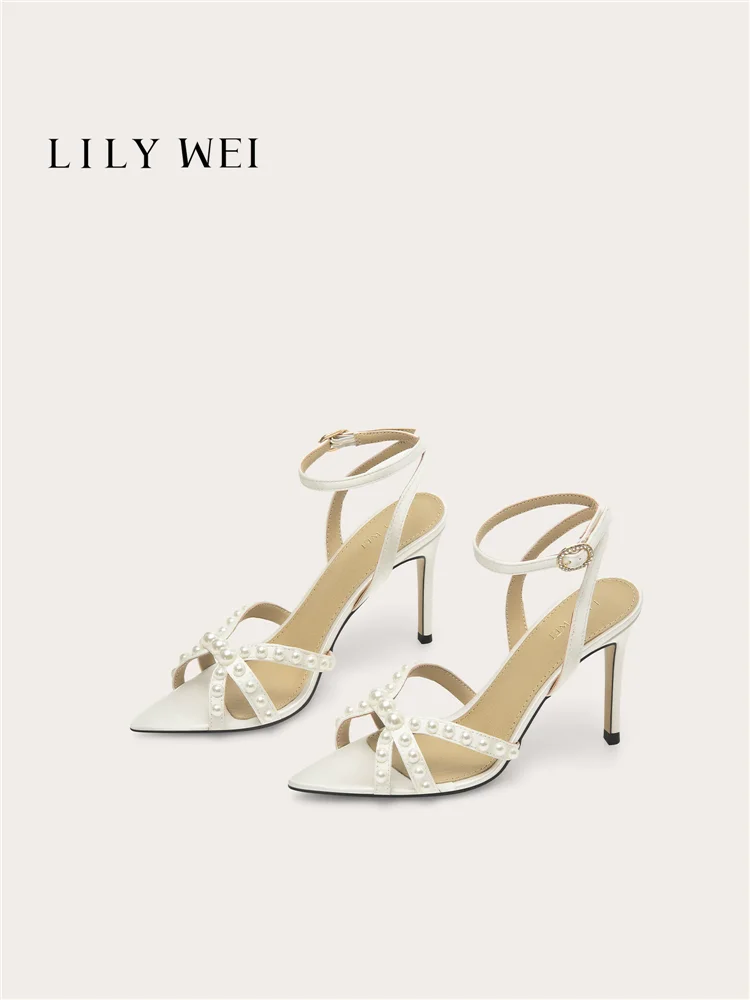 Nuevas sandalias de verano para mujer, con punta, de seda, con lazo de perlas, para boda, banquete, vestido, talla grande, talla pequeña, tacón delgado, tacón alto.