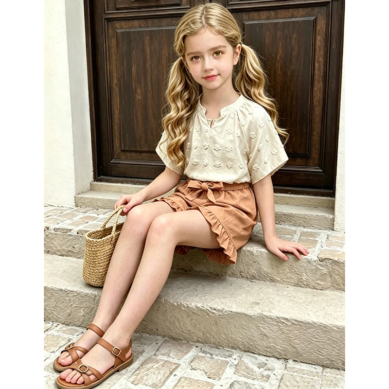 Girls 8-12 Fashion Outfit, Textured Loose Blouse & High Waist Ruffle Hem Shorts, Elegant Comfortable for School Daily Outings