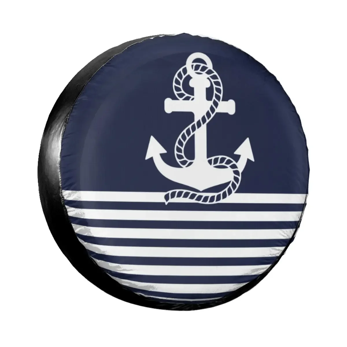 

Nautical Navy Blue Stripes And White Anchor Spare Tire Cover for Jeep Navigation Car Wheel Protectors 14" 15" 16" 17" Inch