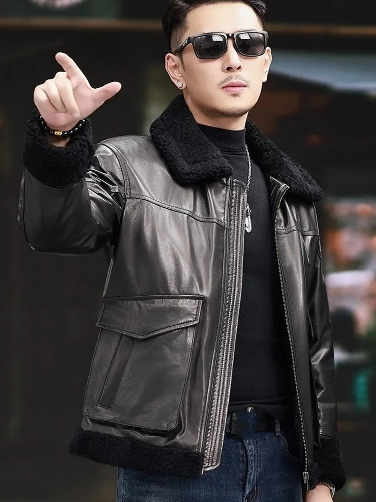 Alta qualidade real pele de cabra dos homens para baixo jaqueta gola lã curto outerwear zíperes chique outono inverno luxo jaquetas couro genuíno