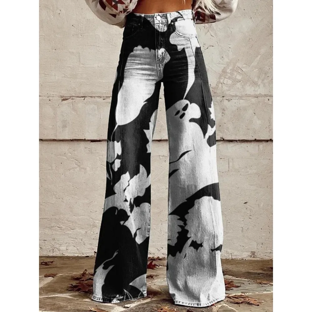 Harajuku Bohemian Art Print Palazzo-Hose mit hoher Taille und weitem Bein, Baumwolle, lässige, locker sitzende Hose mit Taschen, Damen-Punk-Hose – Detail 13