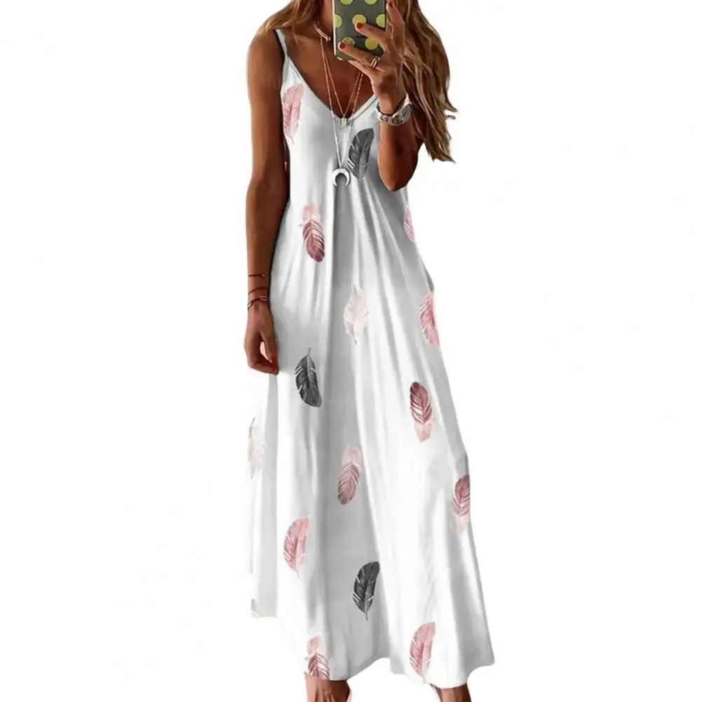 

Women Feather Print Maxi Dress Bohemian Style Maxi Dress with Feather Detailing V Neckline Summer Women's Sleeveless Ankle