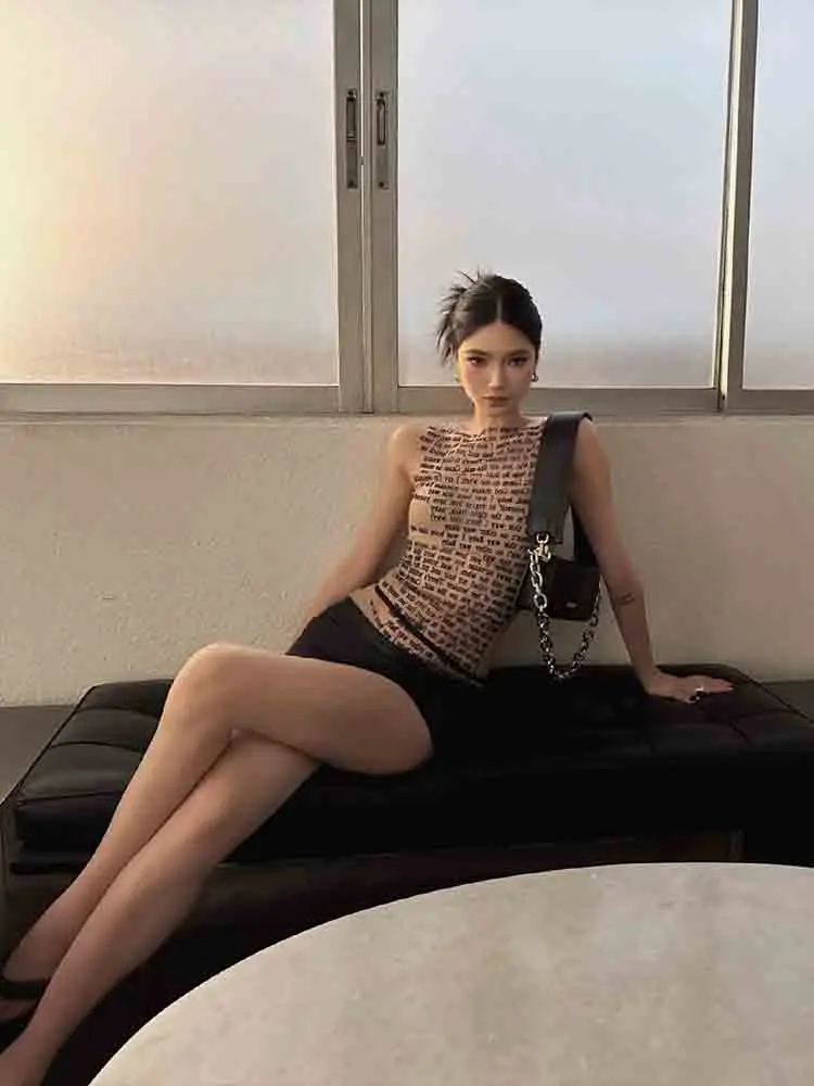 Fashion Trendy Round Collar Sleeveless Tank Mesh Sexy Article Print Slim Casual Top Women Hipster Wear