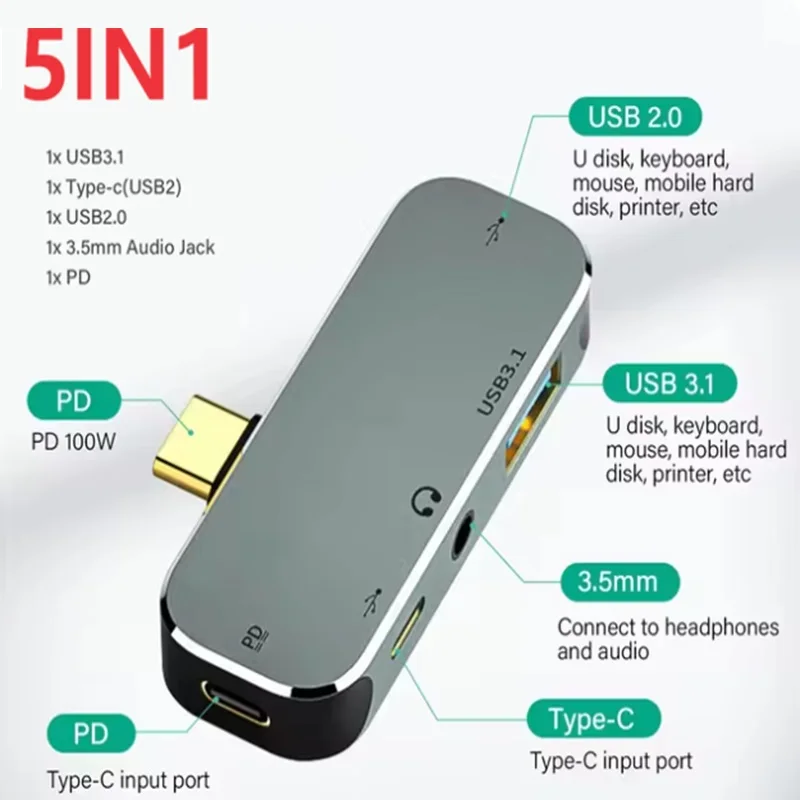 PD100W Type-C Uitbreidingshub USB C naar HDMI USB 3.0 USB3.1 3,5 mm Jack Converter Connector USB Extender PC Computer Laptop Splitter