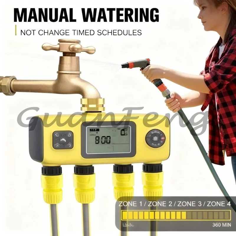 4 Outlet Digital Water Timer, Rainwater Sensor Irrigation Controller with Accurate Timing, Automatic Garden Watering System