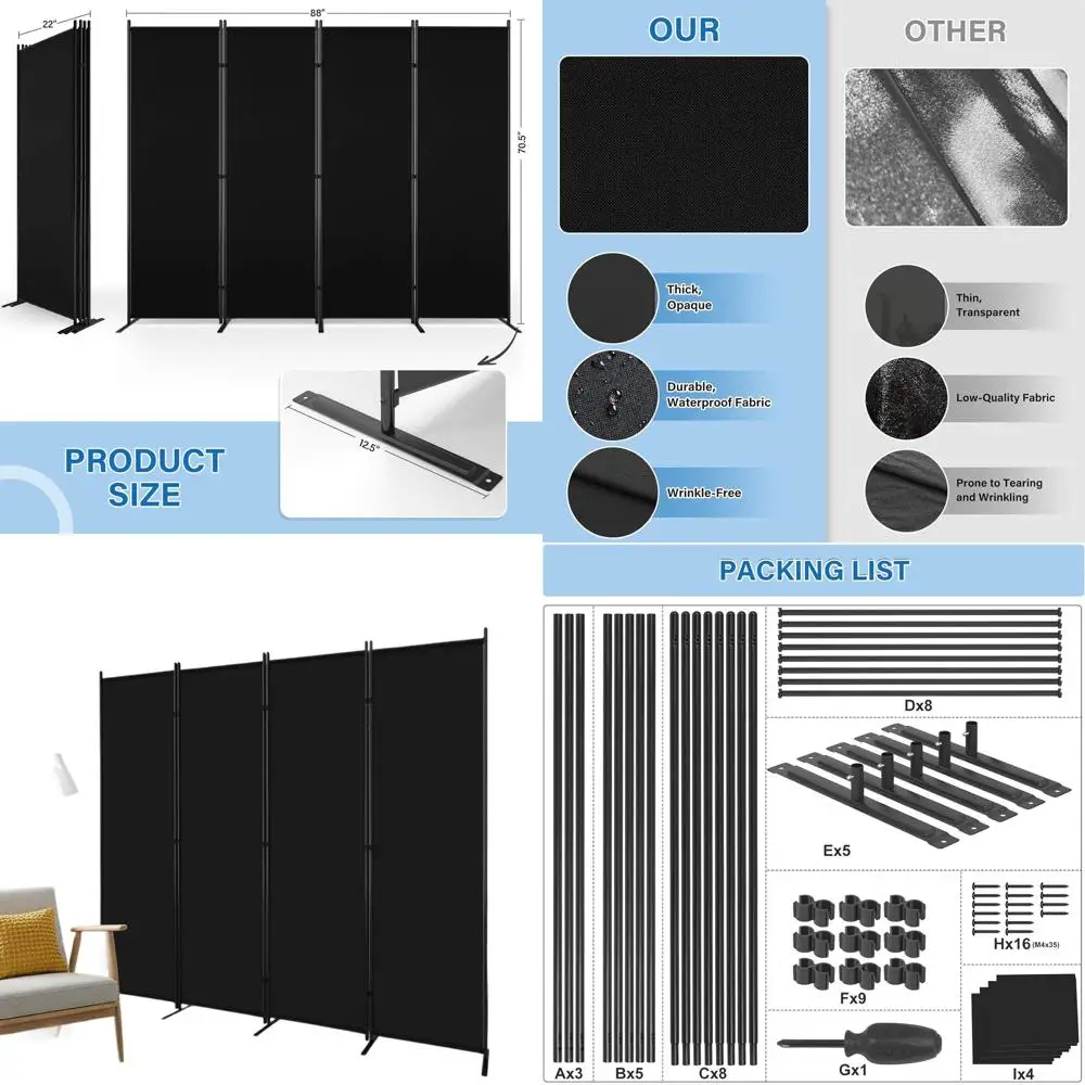 

6-Foot Tall 4-Panel Fabric Room Divider, Black, Portable Folding Privacy Screen for Home & Office
