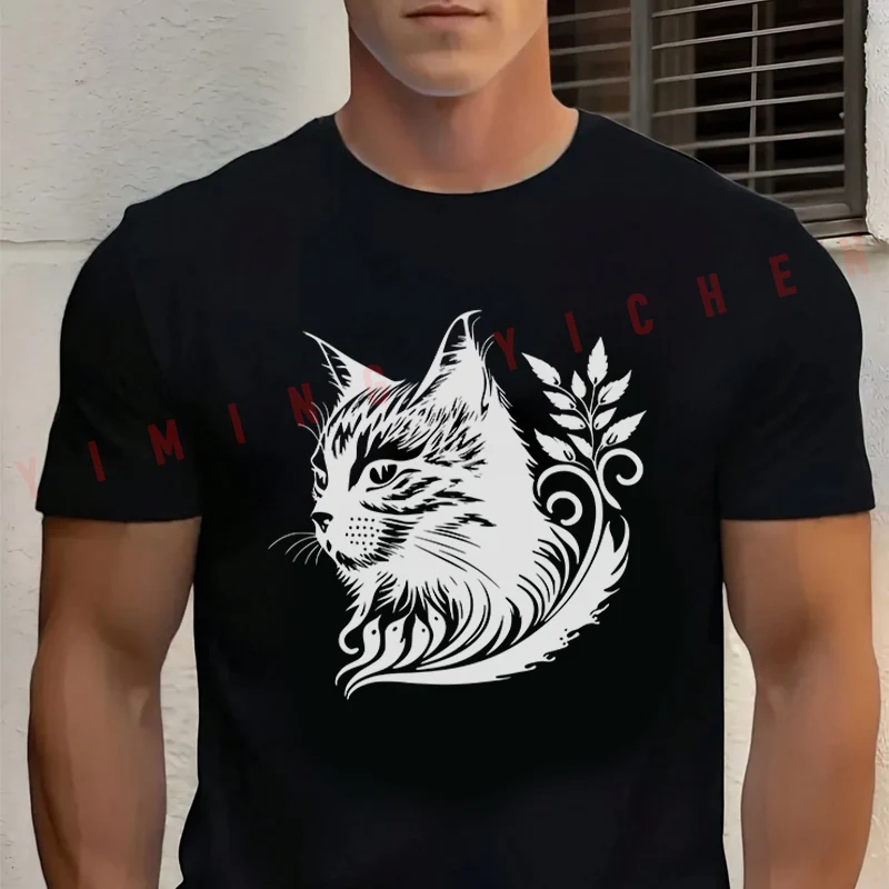 

Men's Summer Cotton T-shirt Ornamental Cat Graphic Motorcycle Tee Casual Short-sleeve Motorbike Cycling Top