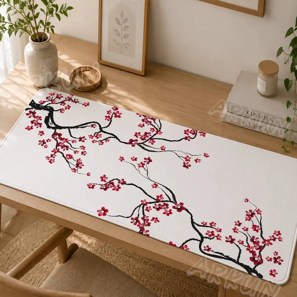 Ink Plum Blossom Mouse Pad, Traditional Oriental Red Flower Branch Art Large Vintage Asian Ink Painting Non-Slip Decor