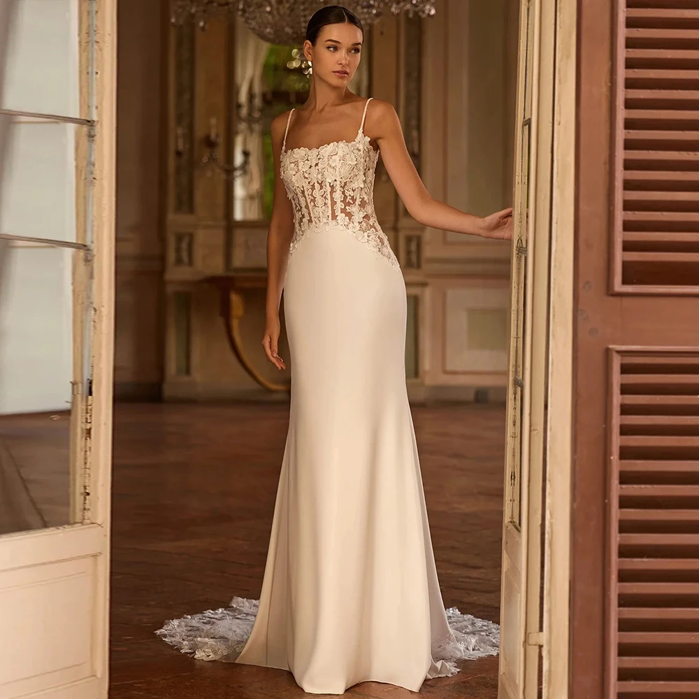 Exquisite Spaghetti Straps Mermaid Wedding Dress High Quality Jersey Square Collar Appliques Court Train Bridal Gown Customized