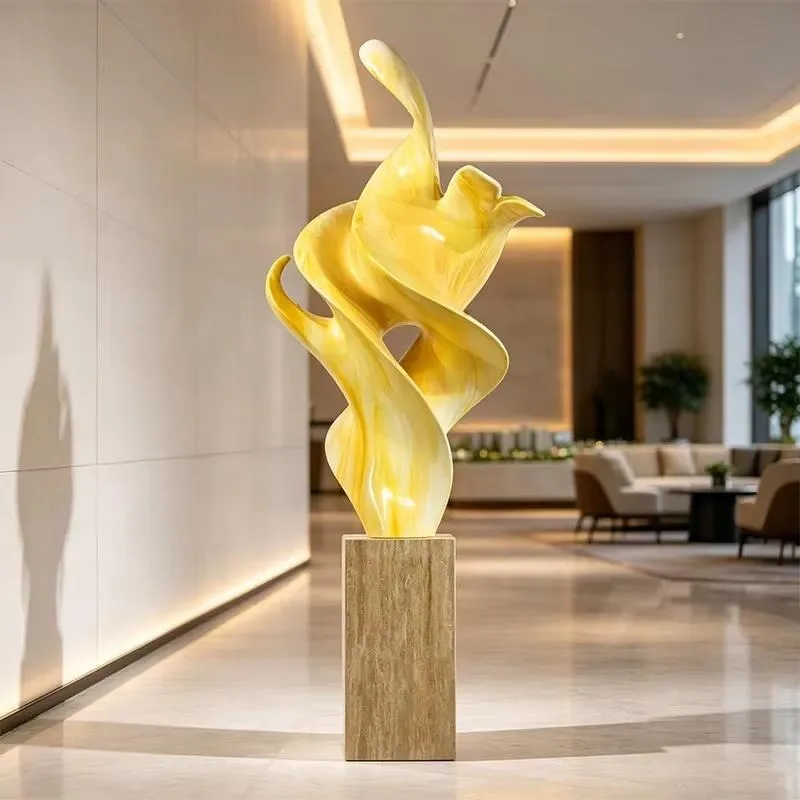 Custom Large Yellow Whirlpool Fiberglass Sculpture on Stone Base Cartoon Floor Statue for Hotel Lobby Villa Interior
