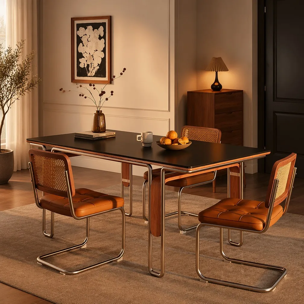 ae-Vintage Dining Set Wooden Edge Black Sintered Stone Table PU Leather Rattan Cantilever Chairs for Cafe Homestay Restaurant