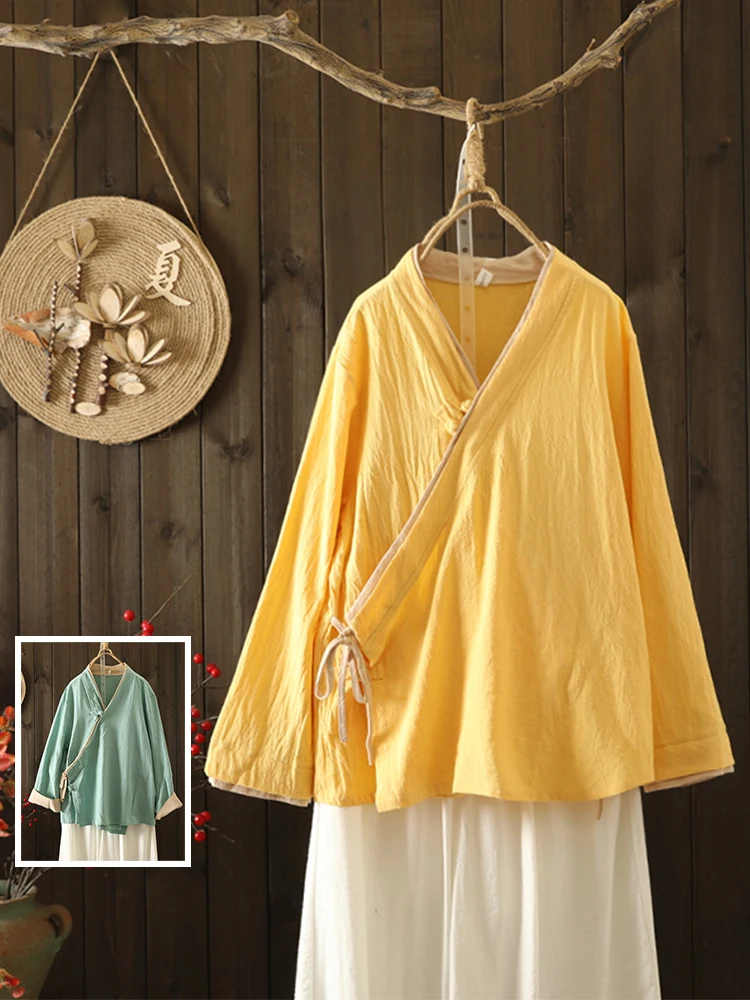 V넥 롱 슬리브 코튼 린넨 여성 플러스 사이즈 레트로 슬레 버튼업 캐주얼 탑 가을 패션 다도 의상...