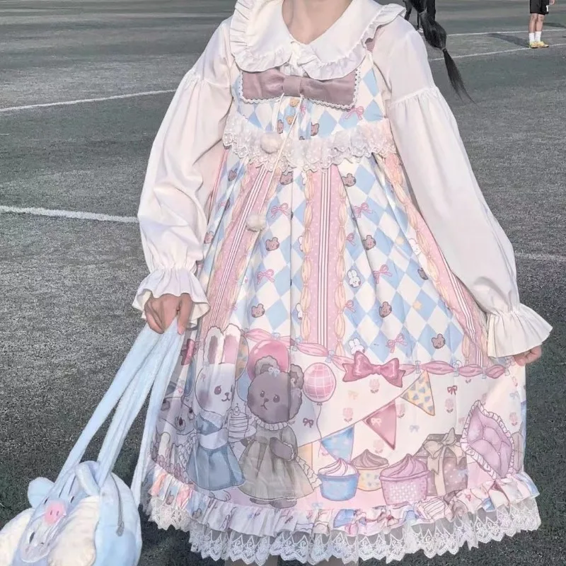 

Japanese Preppy Pleated Peter Pan Collar Long Sleeve Blouse Lolita Kawaii Cartoon Print Bow Lace Sling Dress Y2k Two Piece Sets