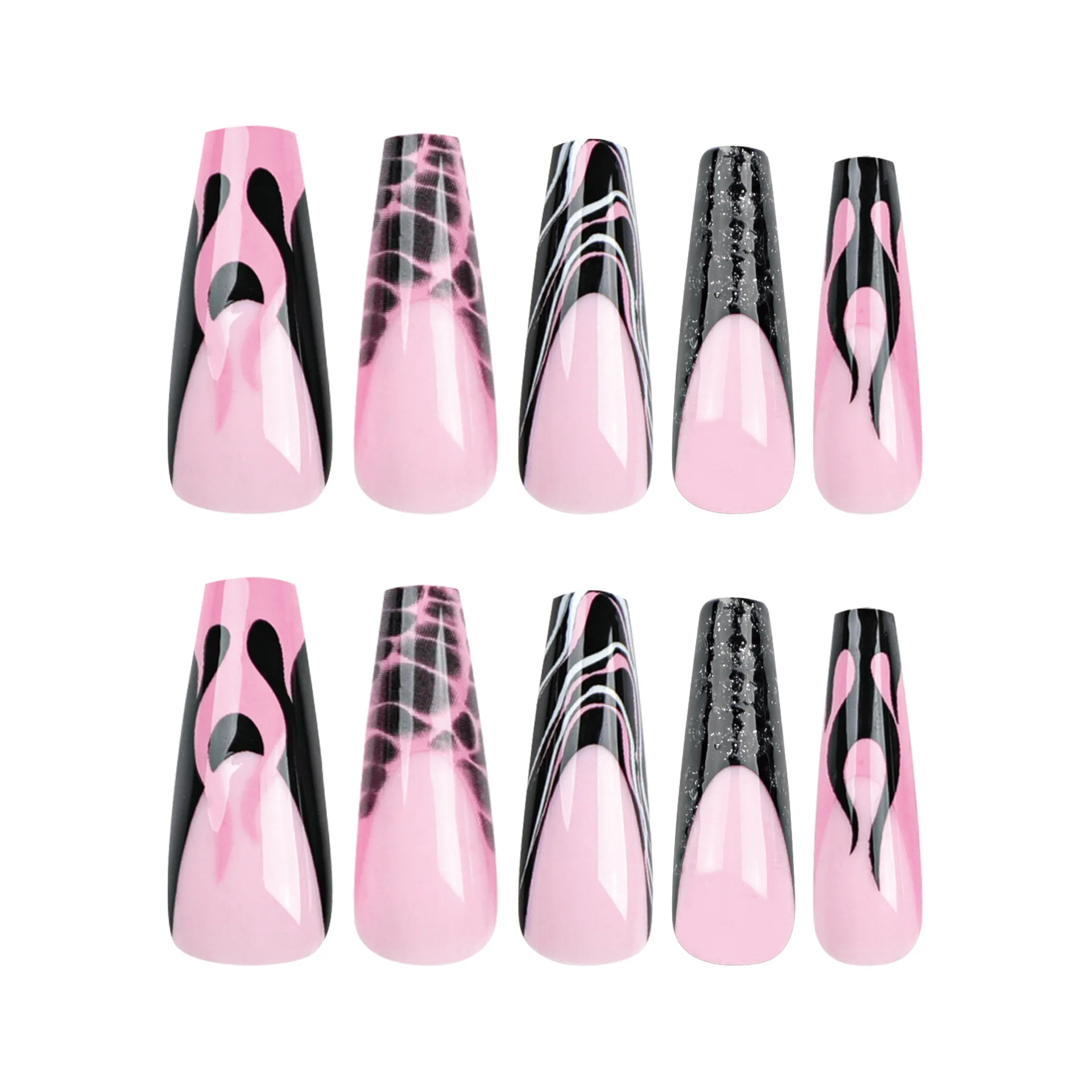 

24Pcs Long Square Press on Nails - Instagram Goth Style Black Pink Flame & Crocodile Texture on Solid Base