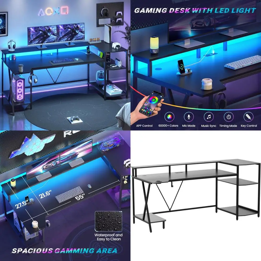

Large Gaming Desk with LED Lighting, Storage, Monitor Stand, Power Outlets, and Cup Holder