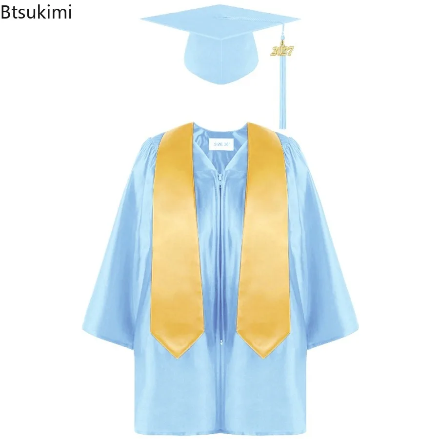 New 2027 Kindergarten Doctoral Uniforms Graduation Gown and Shawl Cap Sets Kids Elementary School Graduation Performance Outfits
