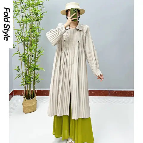 Miyake 바람막이 여성 롱 레이스업 가디건 코트, 고급스러운 주름 스타일, 어려 보이는 아우터, 2024 용수철 가을 시즌 신상