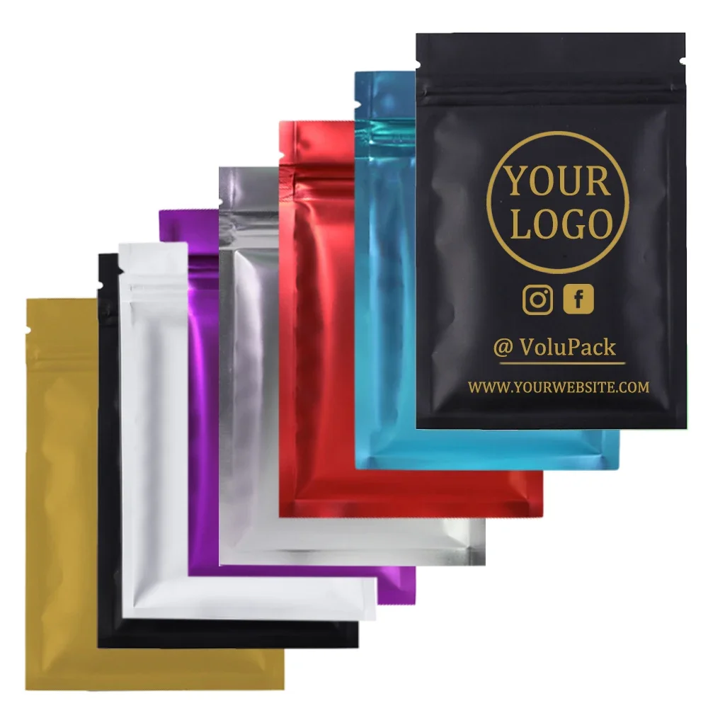 Custom Mylar Bags Printed Aluminum Foil Ziplock Product Packing Pouch, Reusable Heat Sealable Flat Business Packaging Bag