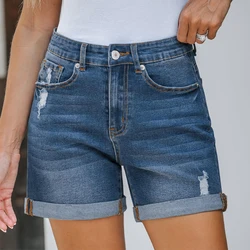 High quality summer women's straight leg dark blue roll-up pocket small worn denim shorts hot pants for women