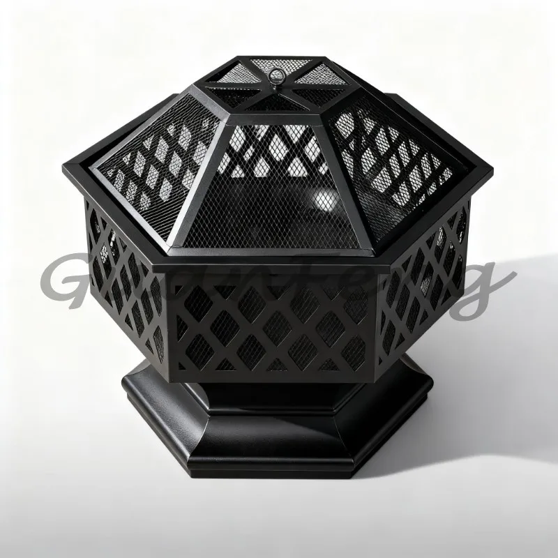 22‑Inch Hexagonal Portable Metal Wood‑Burning Fire Pit, Iron Brazier for Courtyard Backyard Poolside Decor