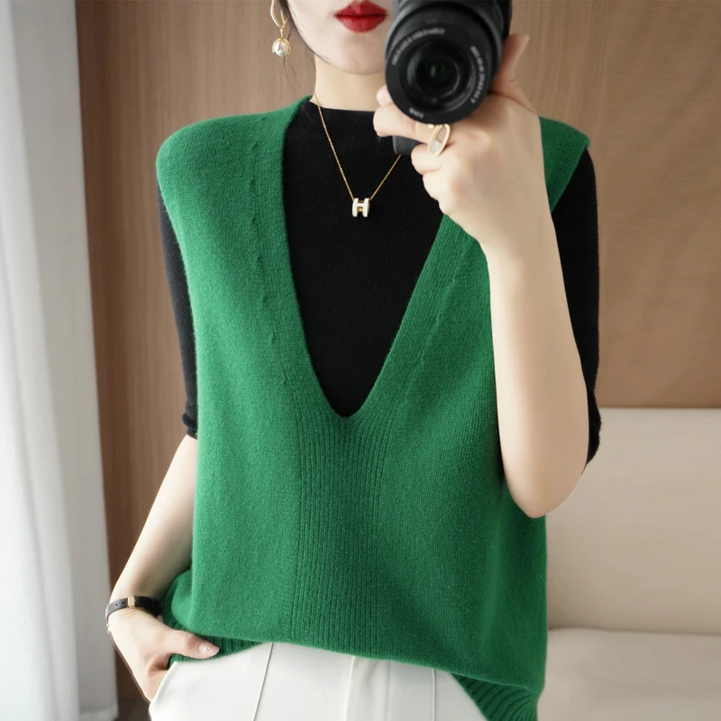 Spring And Summer Cashmere Knitted Vest Women\'s V-Neck Sleeveless Pullover Fashion Loose And Thin Solid Color Outer Wear GH2219