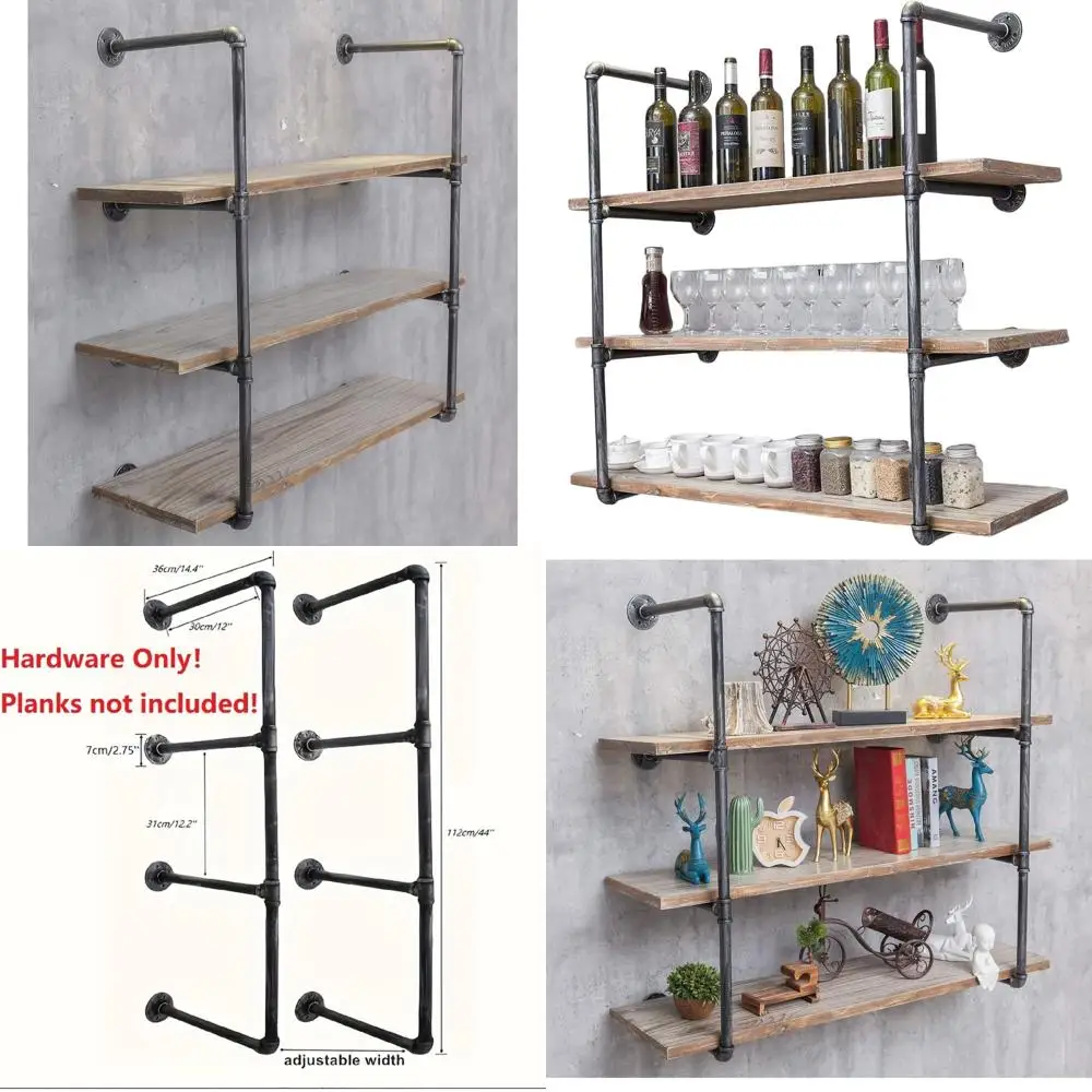 

Retro Black 4-Tier Wall-Mounted Pipe Shelves for Industrial Style Storage, DIY Open Bookcases, Kitchen, Office Use (Brackets Onl