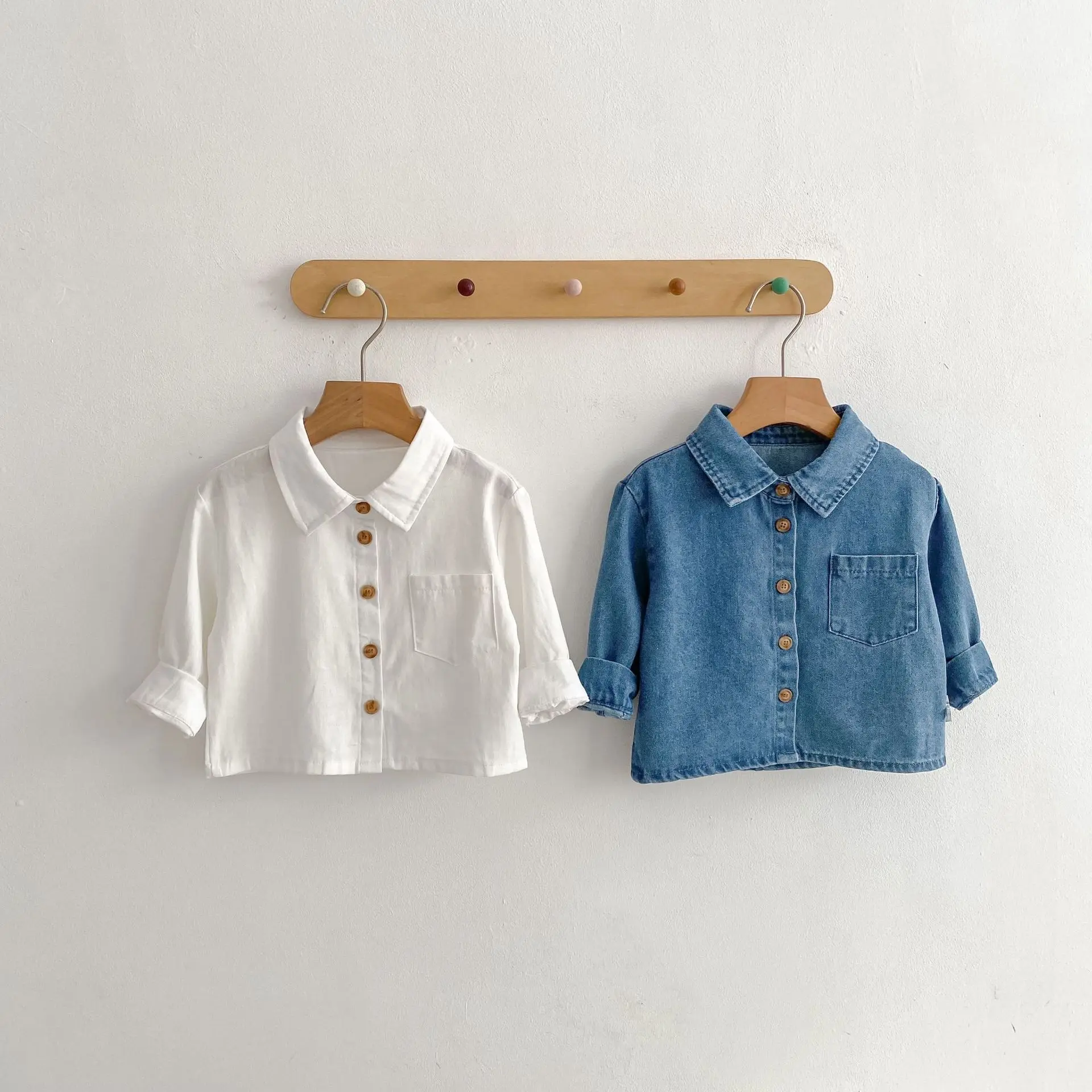 2026 Spring Baby Shirts Full Sleeve Girls Denim Blouse Fashion Boys White Shirt Toddler Base Clothes