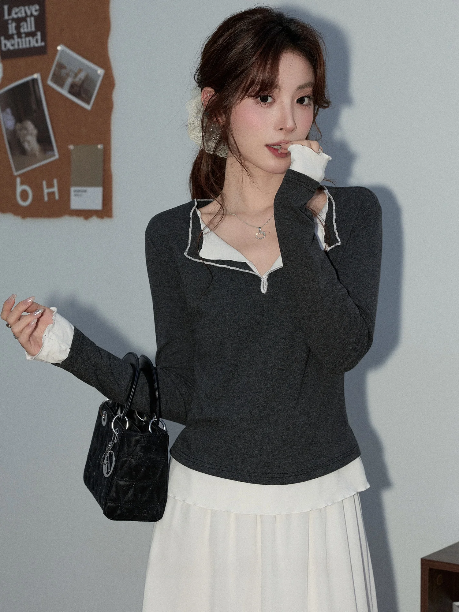 

Korean Sle Zipper Knitted Long Sve V-Ne Women's Top Color Blo Design Skin-Friendly Breathable Casual Spring Faion