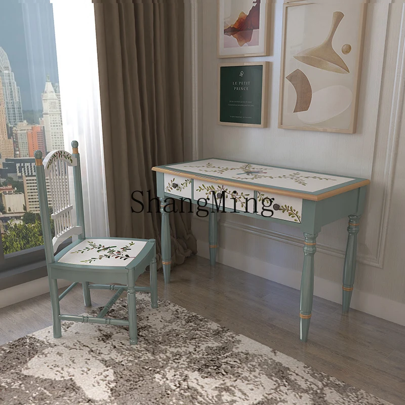 

ZYY Home Country Hand Painted Study Table Pastoral Painted Study Room Desk Bedroom Writing Desk