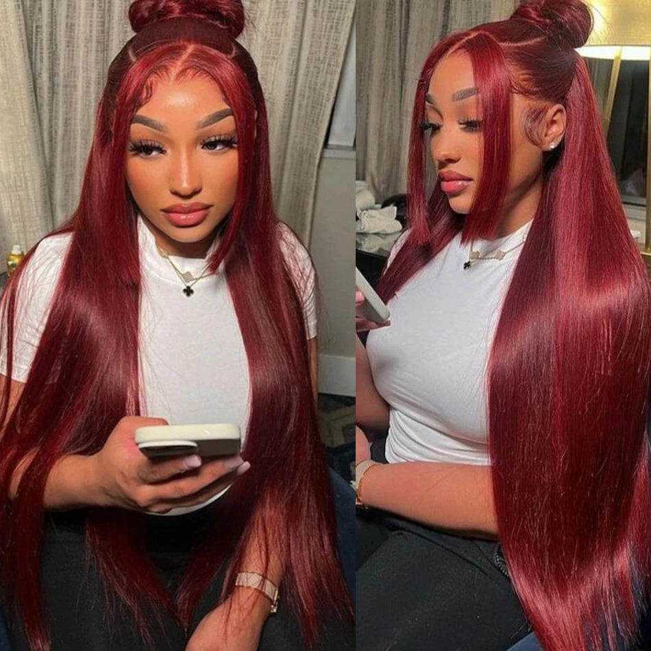 

30 32inch Hd lace front burgundy human hair wigs long straight 13*4 lace frontal wig 180% density Pre Plucked With Baby Hair