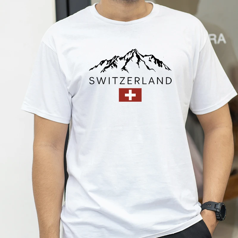 Swiss mountain pattern printed t shirt round neck short sleeved tees Men's summer fashionable casual sports t shirt Hip Hop tee