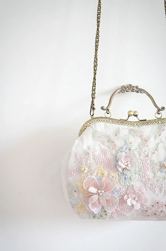 Lost in Vintage Handbag Hand Stitched Floral Pattern with White Faux Pearl in the Cnter of the Flowers Kiss Lock Wedding Purse