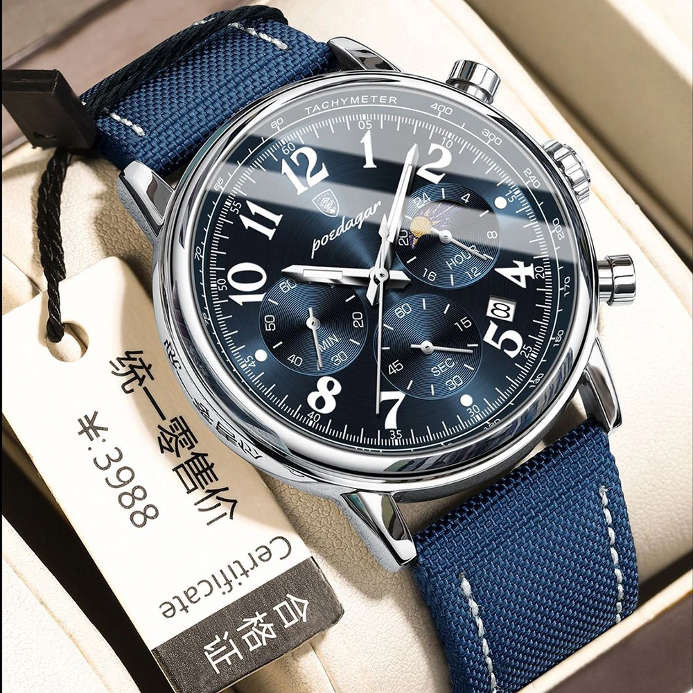 

POEDAGAR Men's Watches Casual Fashion Original Quartz Watch for Man Waterproof Nylon Leather Strap Chronograph Moon Phase Date