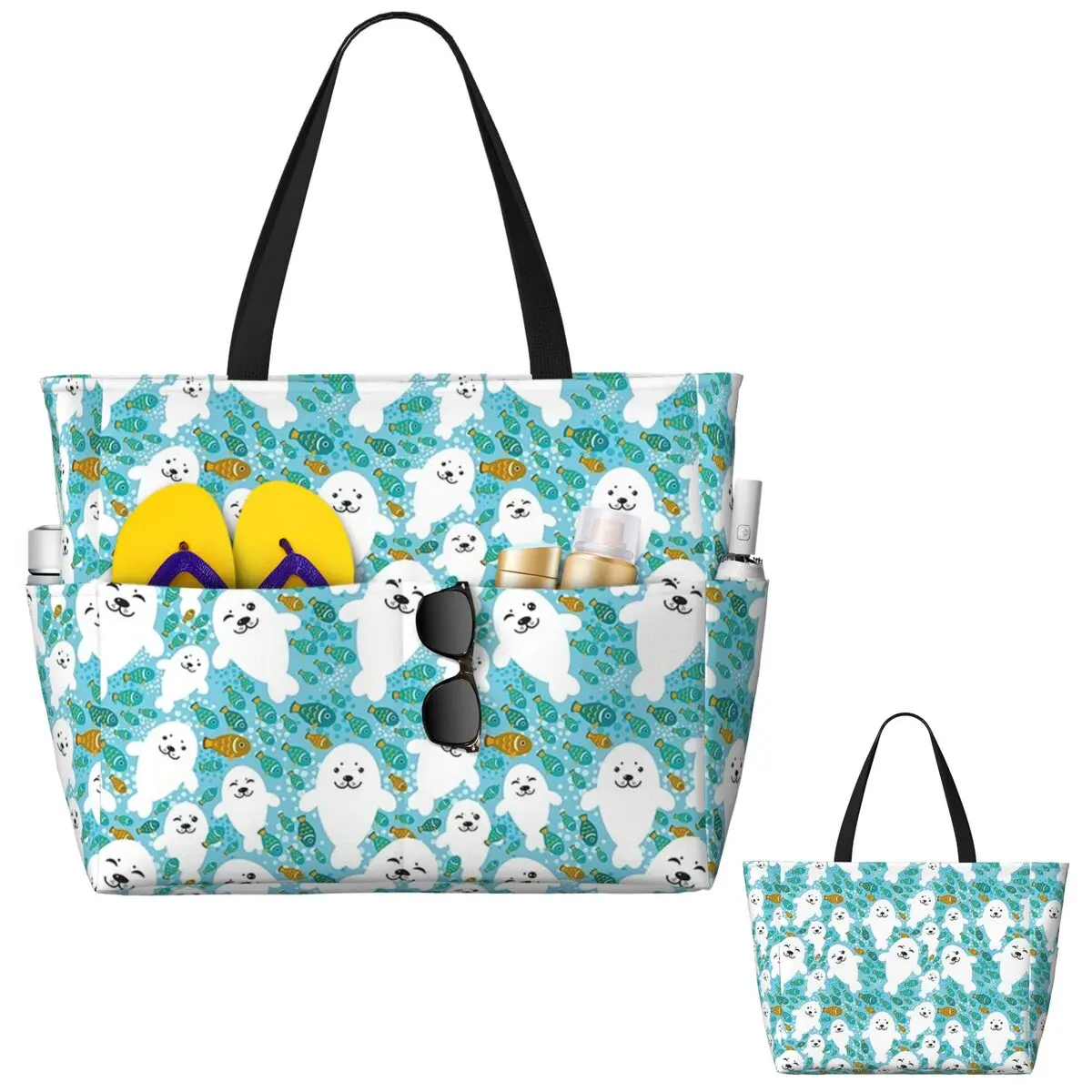 Kawaii Cute Seal And Fish In Water Beach Tote Bag Спортивная сумка для спортзала и йоги Duffle Большая женская дорожная сумка Сумка для фитнеса