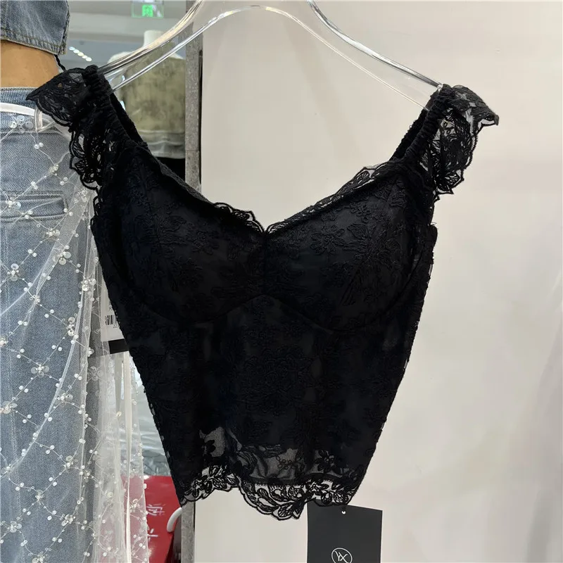 Pure Desire Spicy Girl Style Lace Strap Women's Spring Summer New Folded Hollow out Chest Cotton Tube Top Vest