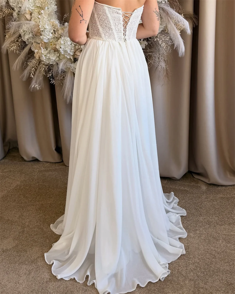 Kyoto personnalisé ivoire perlé bretelles robe de mariée côté fendu balayage Train vestidos de novia a-ligne à lacets robe de soirée 2025